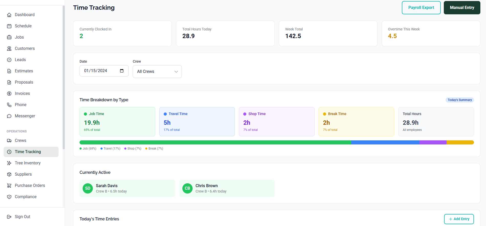 Arbor Dash time tracking with clock in/out, timesheet approval, and payroll sync